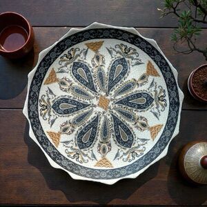 Vintage 12" Porcelain Crackle Plate Charger Blue Gold Paisley Boteh Bird Motif